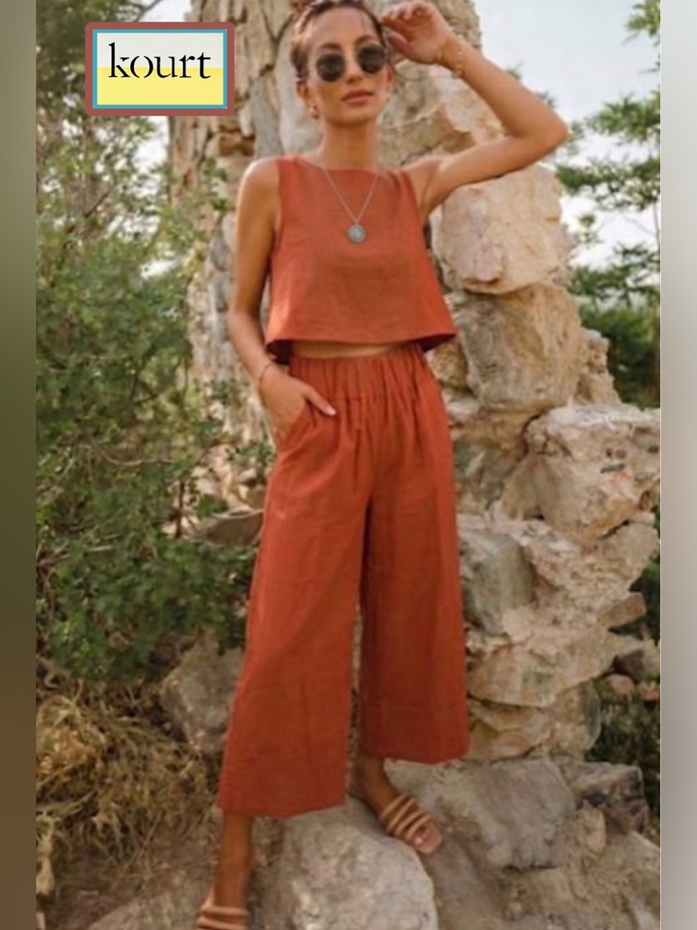 NWT Kourt Willow Tie Back Crop Top & Pant SET Cotton/ Linen Blend